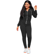 Autumn Winter Black Elastic Waist Zipper Sports Hoodie Jogger Set
