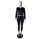 Black Gold Velvet Solid Double Pocket Zipper Hooded Tracksuits Sets for Women