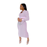 Pink Printed Threaded Plaid 2 Two Piece Set Women Long Sleeve Jackets Bodycon Mid Skirts Suit