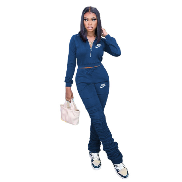 Solid Blue Branded Embroidery Stacked Two Piece Tracksuit Set For Women 2021