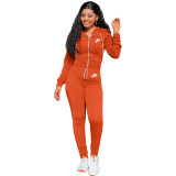 Autumn Winter Orange Elastic Printed Letter Zipper Sports Hoodie Jogger Set For Women