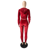 Red Gold Velvet Solid Double Pocket Zipper Hooded Tracksuits Sets for Women