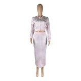Pink Printed Threaded Plaid 2 Two Piece Set Women Long Sleeve Jackets Bodycon Mid Skirts Suit