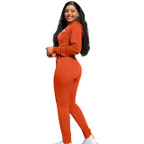 Autumn Winter Orange Elastic Printed Letter Zipper Sports Hoodie Jogger Set For Women