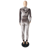 Taupe Gold Velvet Solid Double Pocket Zipper Hooded Tracksuits Sets for Women