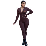 Women Yoga Clothes Coffee Pyrograph Zipper One Piece Jumpsuit