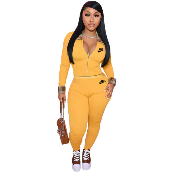 Yellow Ladies Designer Clothes Long Sleeve Printed Sportswear Nike Sweatsuits Pant Sets