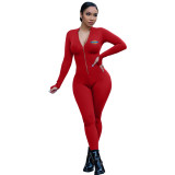 Women Yoga Clothes Red Pyrograph Zipper One Piece Jumpsuit