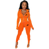 Orange Famous Brands Women Zipper Printed Turn-down Neck Tracksuit Set