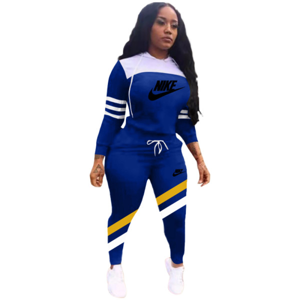 Winter Blue Sports Letter Printing Hooded Two Piece Casual Set