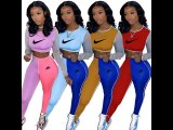 Solid Color Printed Letter Color Stitching Crop Top Pant  Set