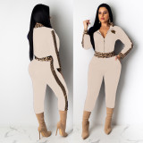 Casual Beige Women's Zip Print Blouse and Trousers