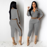 Casual Grey Women's Zip Print Blouse and Trousers