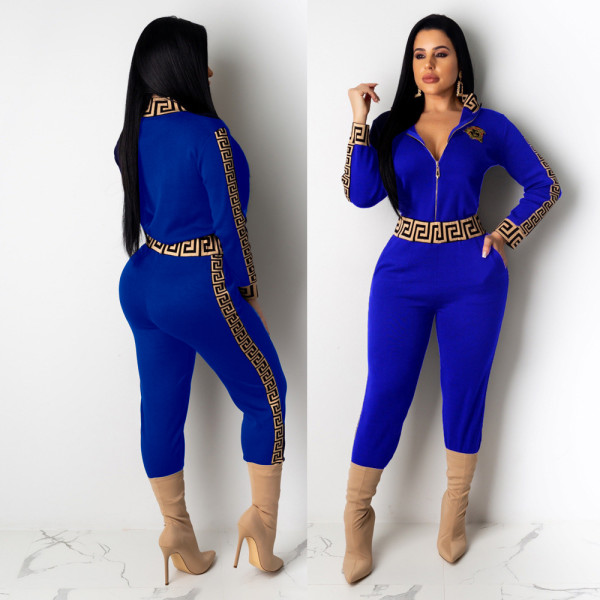 Casual Blue Women's Zip Print Blouse and Trousers