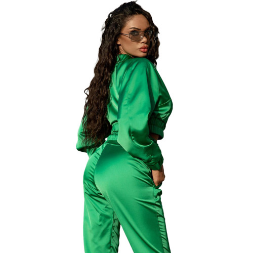 Solid Color Fluorescent Green Women Apparel Clothing Mercerized Cotton Zipper Sportswear Two Piece Outfits