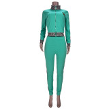 Casual Light Blue Women's Zip Print Blouse and Trousers
