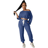 Fashion Solid Peacock Blue Pit Oblique Shoulder Drawstring Women Two Piece Matching Sets