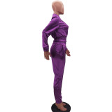 Solid Color Purple Women Apparel Clothing Mercerized Cotton Zipper Sportswear Two Piece Outfits