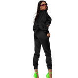 Solid Color Black Women Apparel Clothing Mercerized Cotton Zipper Sportswear Two Piece Outfits