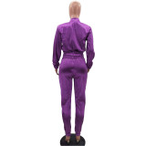 Solid Color Purple Women Apparel Clothing Mercerized Cotton Zipper Sportswear Two Piece Outfits