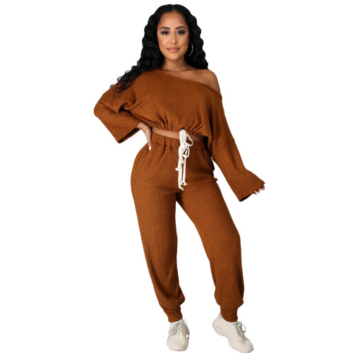 Fashion Solid Coffee Pit Oblique Shoulder Drawstring Women Two Piece Matching Sets