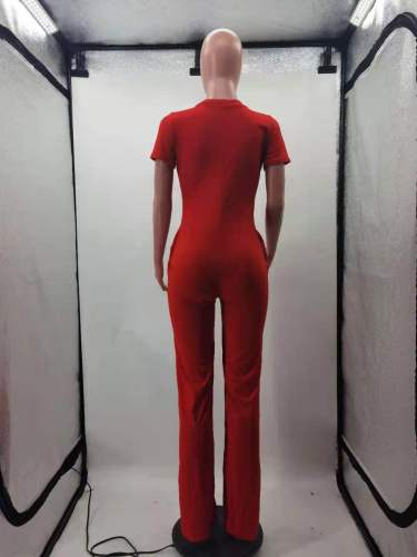 Casual Red Short Sleeve Stitching V-neck Pocket Wide-leg Jumpsuit