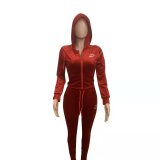 Casual Red Sports Solid Color Korean Velvet Embroidery Sweatpants and Hoodie Set For Women