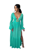Pure Color Lake Blue Hollow Backless V Neck Irregular Maxi Dress