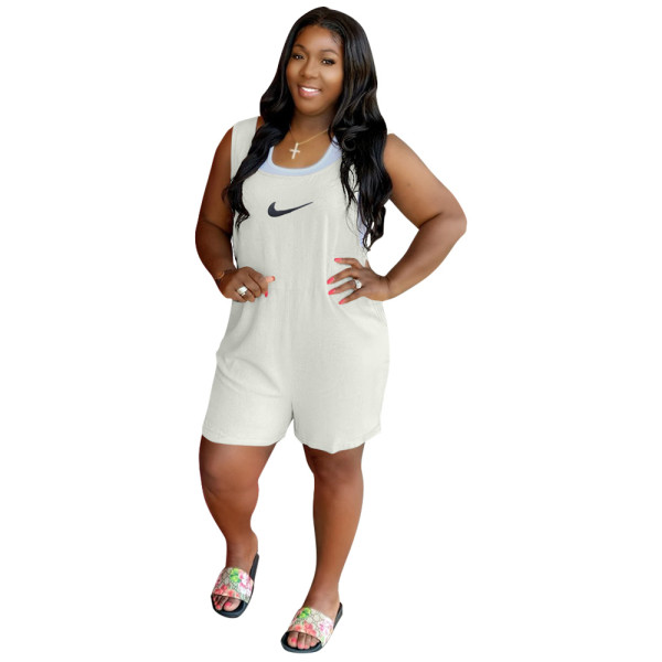 Solid Color White Printed High-waist Stitching Sleeveless Romper with Pockets