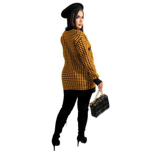 Casual Yellow Houndstooth Printed Pocket V Neck Cardigan Jacket