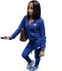Casual Blue Sports Solid Color Korean Velvet Embroidery Sweatpants and Hoodie Set For Women