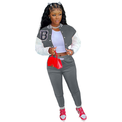 Grey Single-breasted Letters Printed Colorblock Jacket Sports Baseball Uniform Suit with Pockets