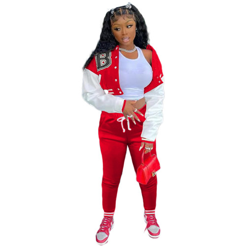 Red Single-breasted Letters Printed Colorblock Jacket Sports Baseball Uniform Suit with Pockets