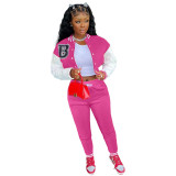Rose Single-breasted Letters Printed Colorblock Jacket Sports Baseball Uniform Suit with Pockets