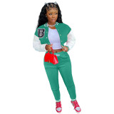 Lake Blue Single-breasted Letters Printed Colorblock Jacket Sports Baseball Uniform Suit with Pockets