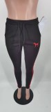 Casual Black Sports Stitching Embroidered Letter Pants Set