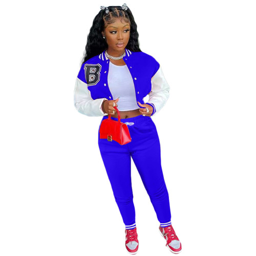 Blue Single-breasted Letters Printed Colorblock Jacket Sports Baseball Uniform Suit with Pockets