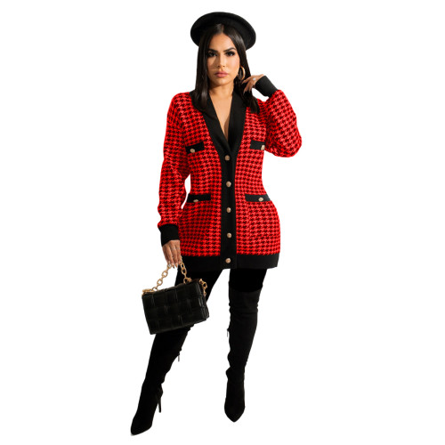 Casual Red Houndstooth Printed Pocket V Neck Cardigan Jacket