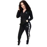 Casual Black Sports Stitching Embroidered Letter Pants Set