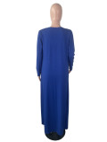 Solid Royal Blue Ribbed Striped Long Dress With Long Cardigan
