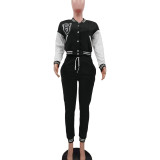 Black Single-breasted Letters Printed Colorblock Jacket Sports Baseball Uniform Suit with Pockets