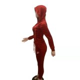 Casual Red Sports Solid Color Korean Velvet Embroidery Sweatpants and Hoodie Set For Women