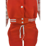 Orange Single-breasted Letters Printed Colorblock Jacket Sports Baseball Uniform Suit with Pockets