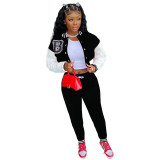 Black Single-breasted Letters Printed Colorblock Jacket Sports Baseball Uniform Suit with Pockets