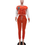 Orange Single-breasted Letters Printed Colorblock Jacket Sports Baseball Uniform Suit with Pockets