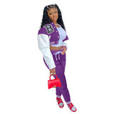 Purple Single-breasted Letters Printed Colorblock Jacket Sports Baseball Uniform Suit with Pockets