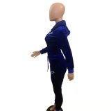 Casual Blue Sports Solid Color Korean Velvet Embroidery Sweatpants and Hoodie Set For Women
