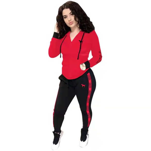 Casual Red Sports Stitching Embroidered Letter Pants Set