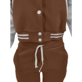 Brown Single-breasted Letters Printed Colorblock Jacket Sports Baseball Uniform Suit with Pockets