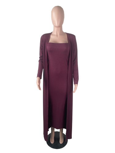 Solid Wine Red Ribbed Striped Long Dress With Long Cardigan